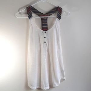 White tank with colorful pattern straps